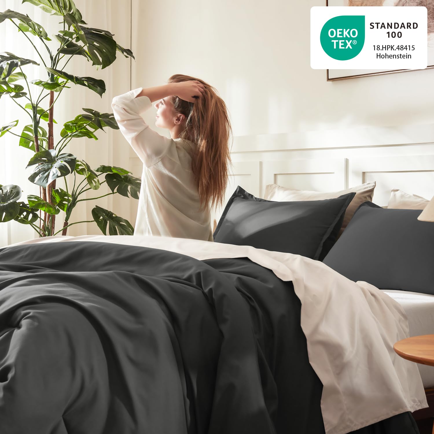 Litanika comforter shown on California king bed to illustrate full coverage and scale for large mattresses