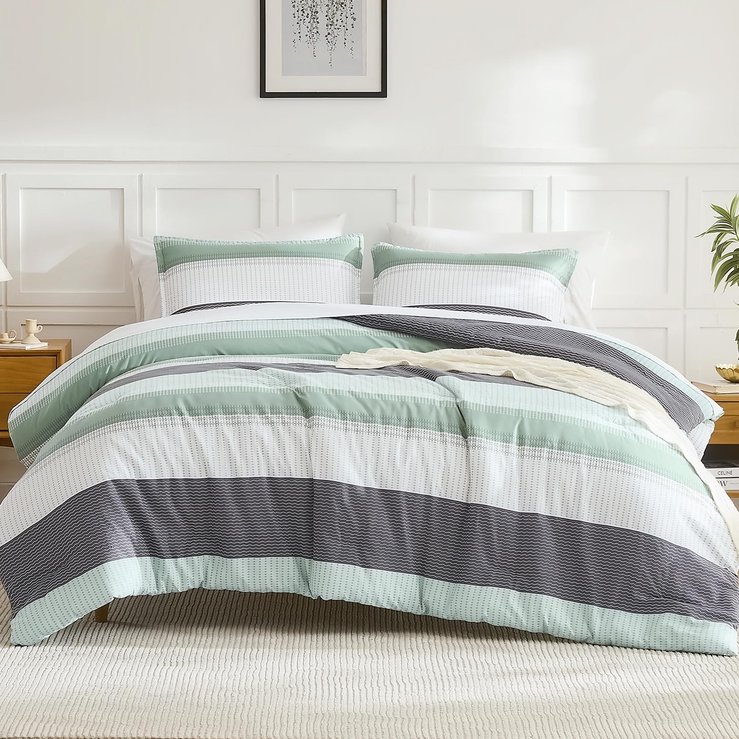 Litanika close-up of stripe pattern highlights color contrast and contemporary bedroom styling benefit
