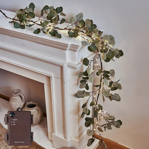 LITBLOOM front view of lighted eucalyptus garland showing full 6ft length and glow