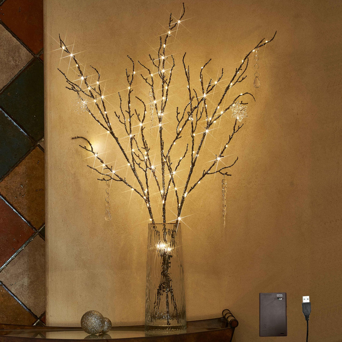 LITBLOOM front view showing glittered branches and fairy lights, elegant decor benefit