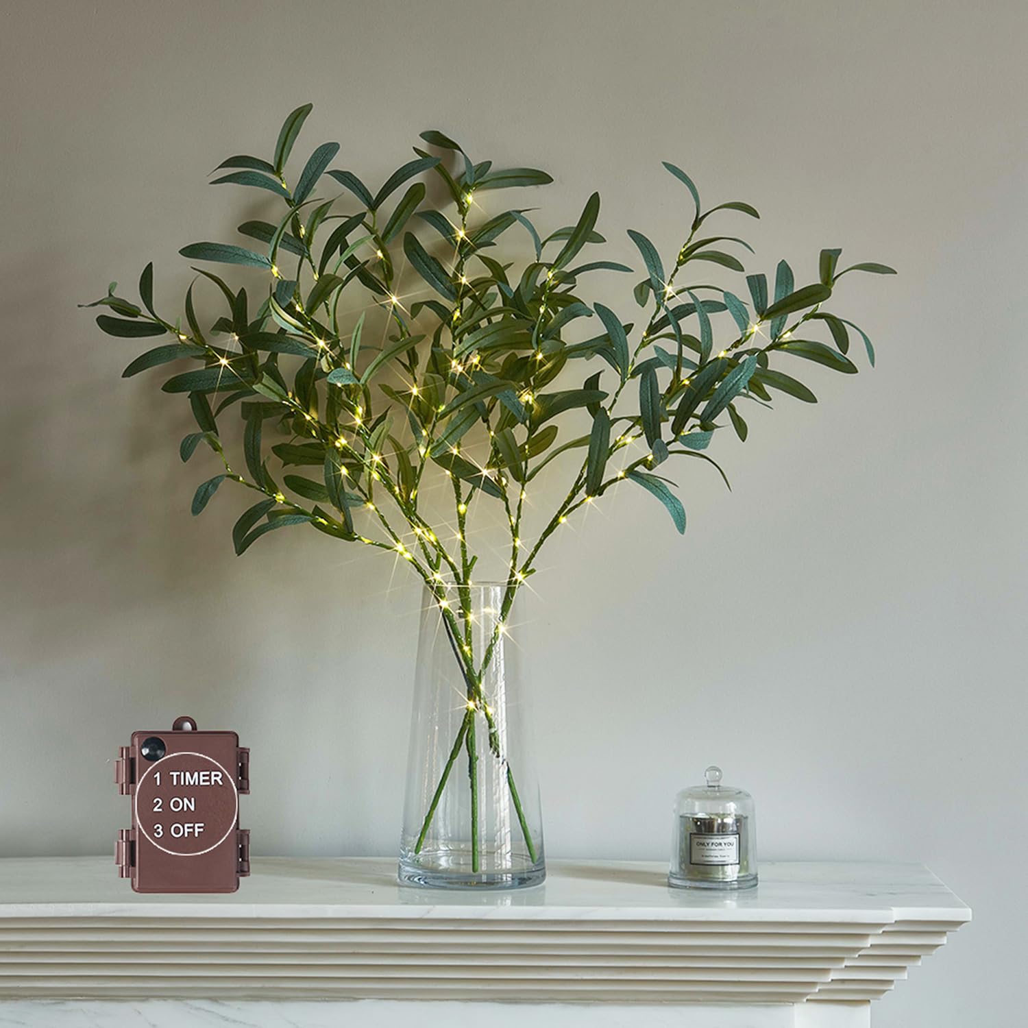 LITBLOOM front view of 24-inch olive branch showing 72 LEDs and foliage, enhances ambiance