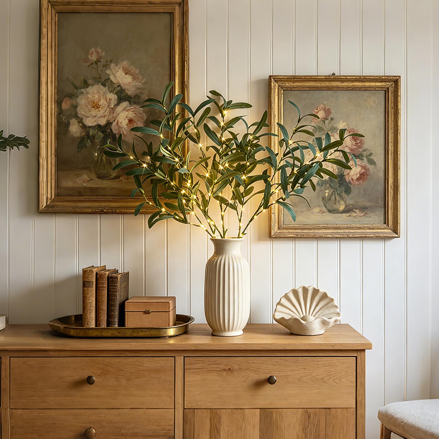 LITBLOOM olive branch lit in a vase creating warm table glow, perfect for centerpieces