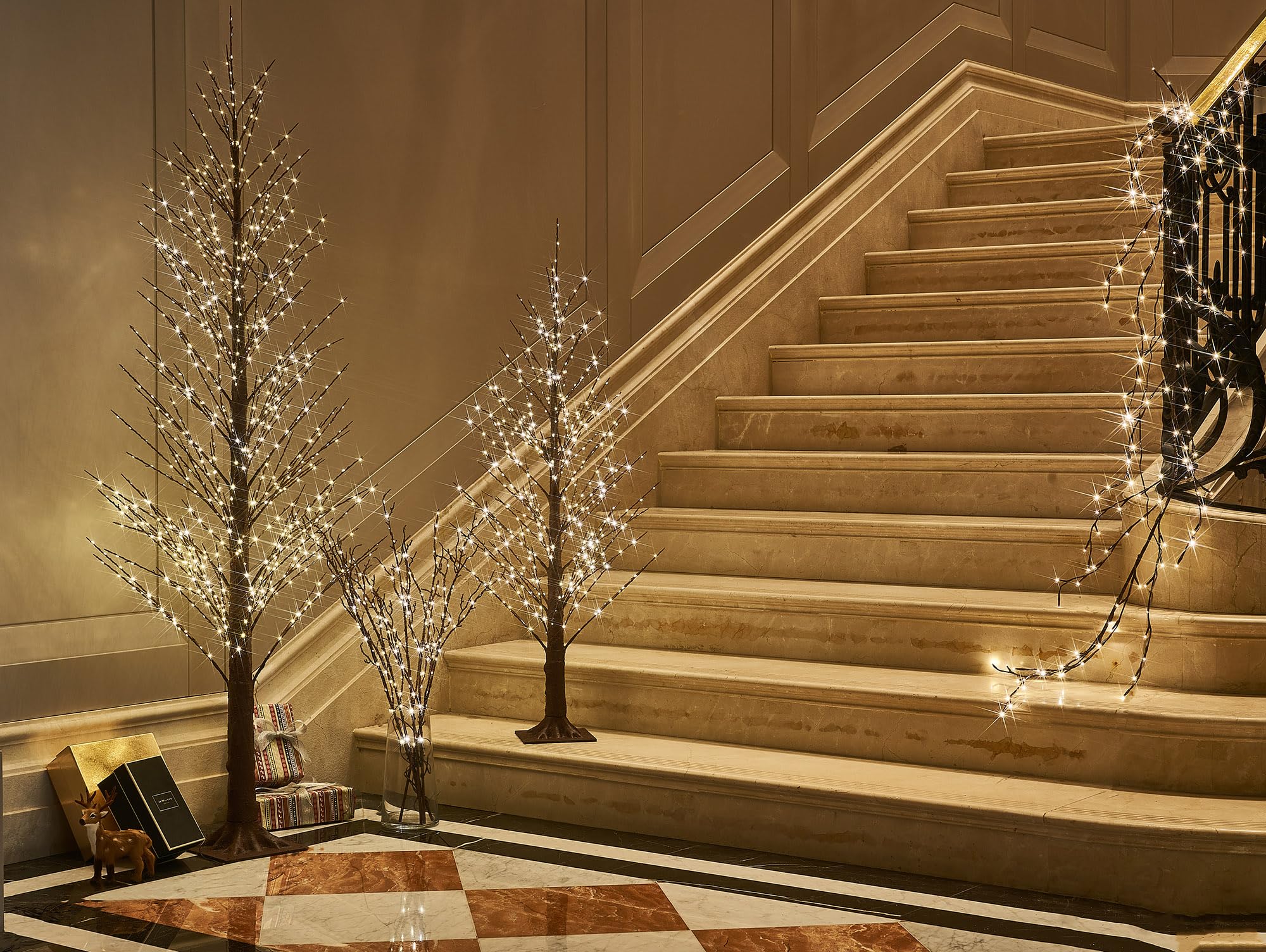 LITBLOOM lit branches on mantel in living room, enhances holiday or everyday décor