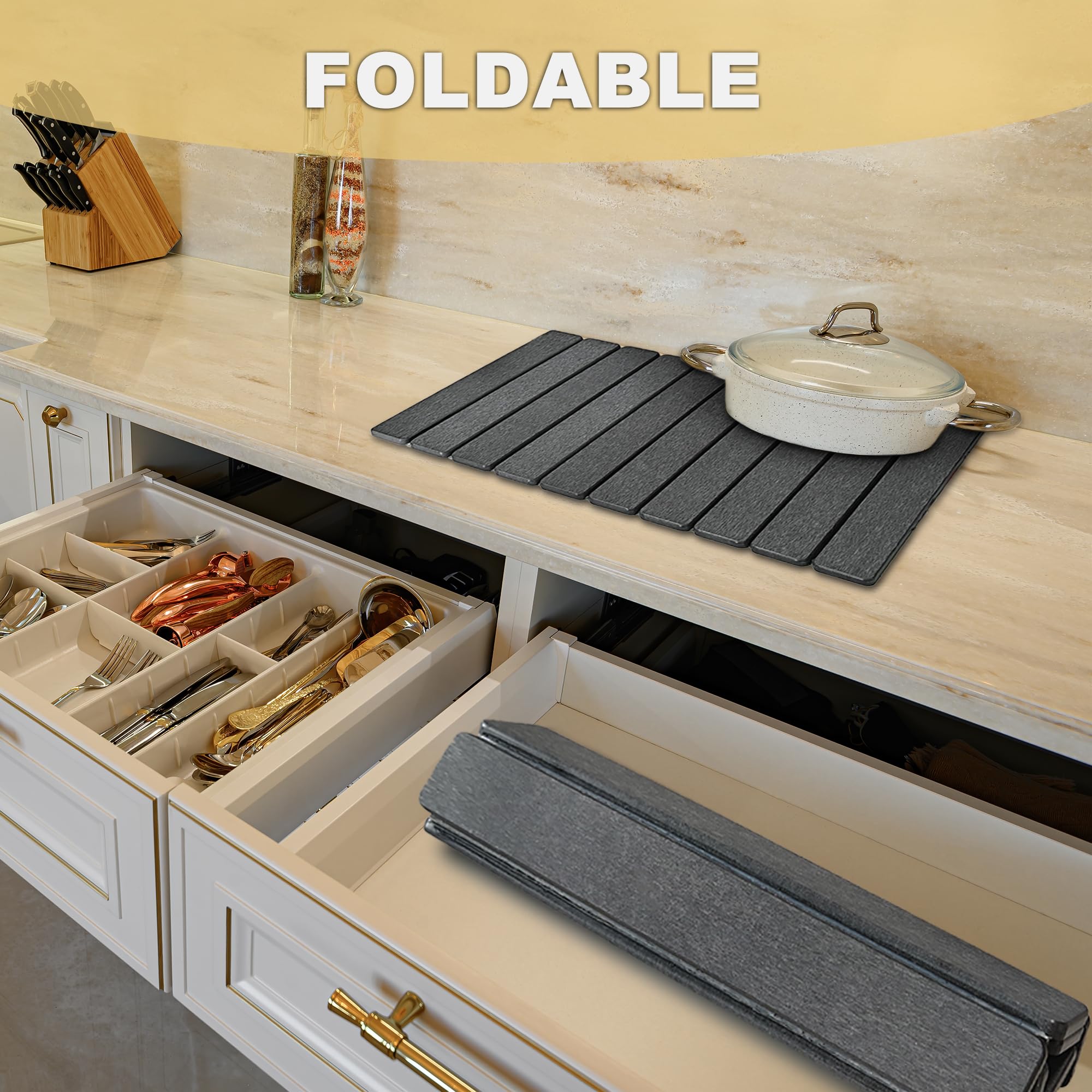 LiteTool mat holding hot pan showing heat resistance benefit: safe trivet use