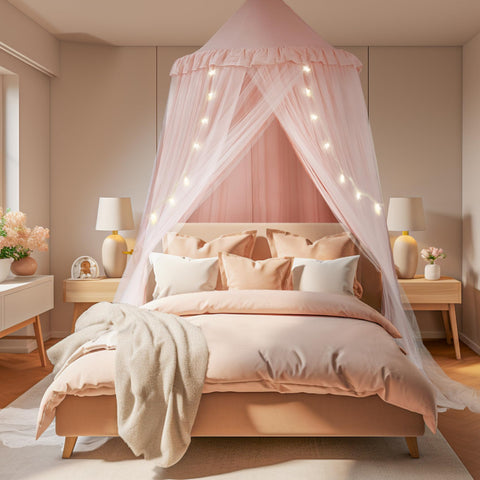 little dove front view canopy showing pink drape and cozy look