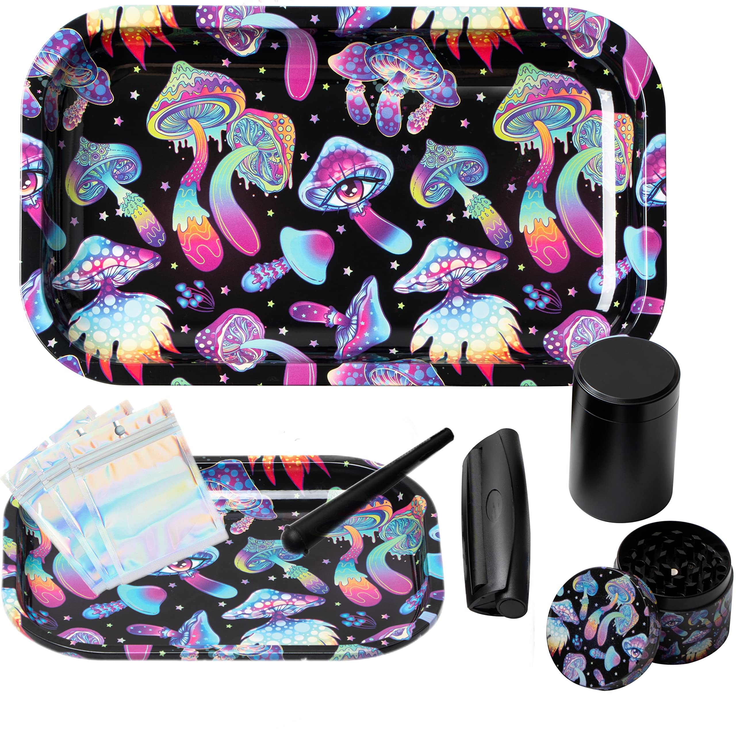 Little Hippie front view of two metal trays showing mushroom artwork and portability benefit