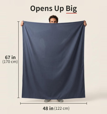 Litume folded blanket next to a carry-on showing compact size for packing convenience and portability