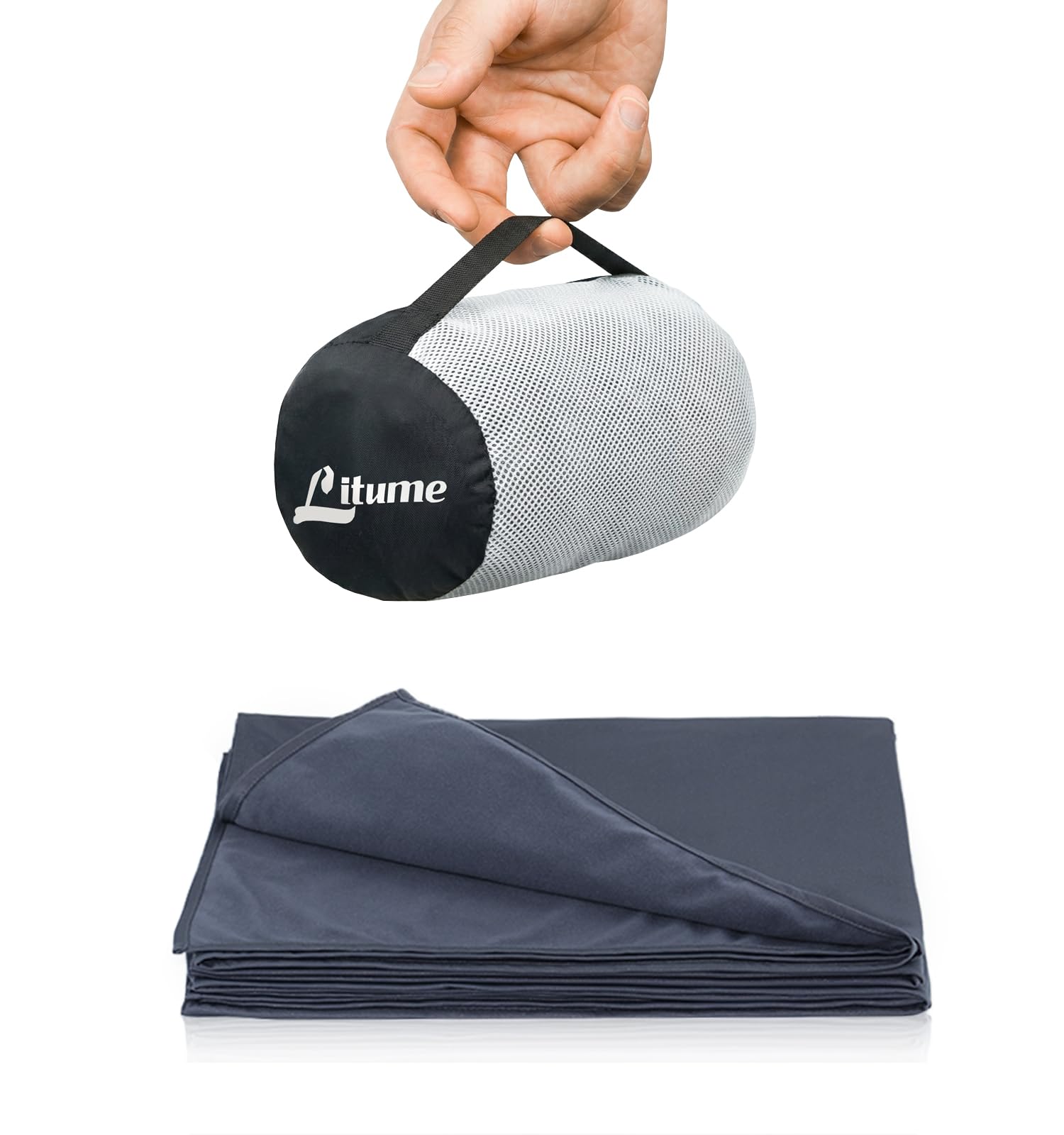 Litume dark blue gray front view compact travel blanket showing neat fold and color, ideal for travel