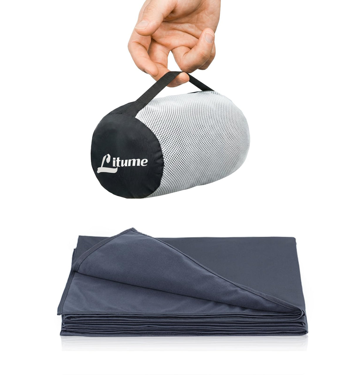 Litume dark blue gray front view compact travel blanket showing neat fold and color, ideal for travel