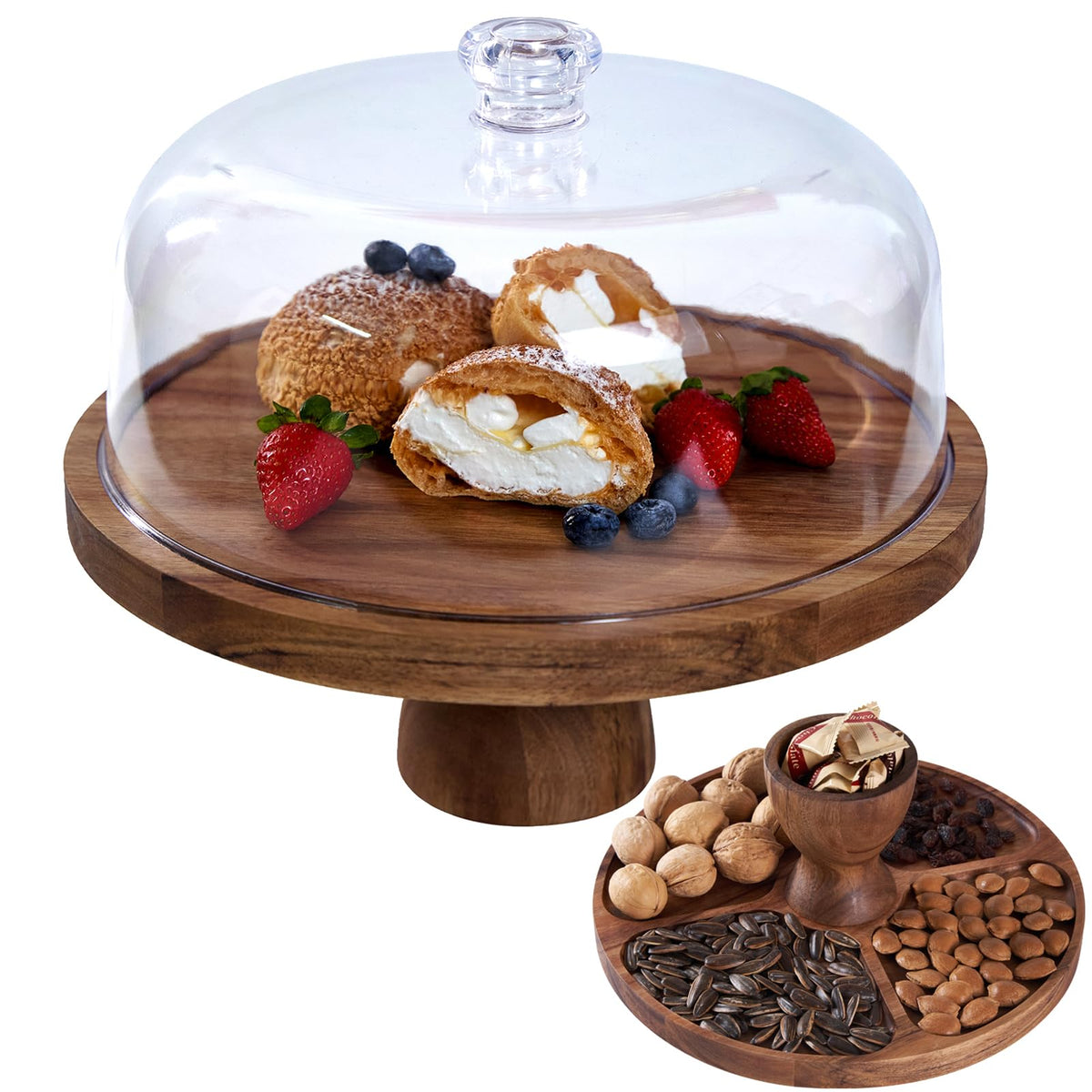 LiTY acacia cake stand front view showing rustic presentation and easy serving