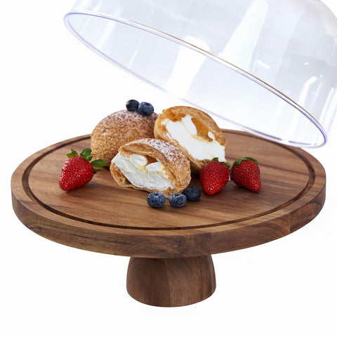 LiTY acrylic dome closed on stand protecting cake while keeping it visible
