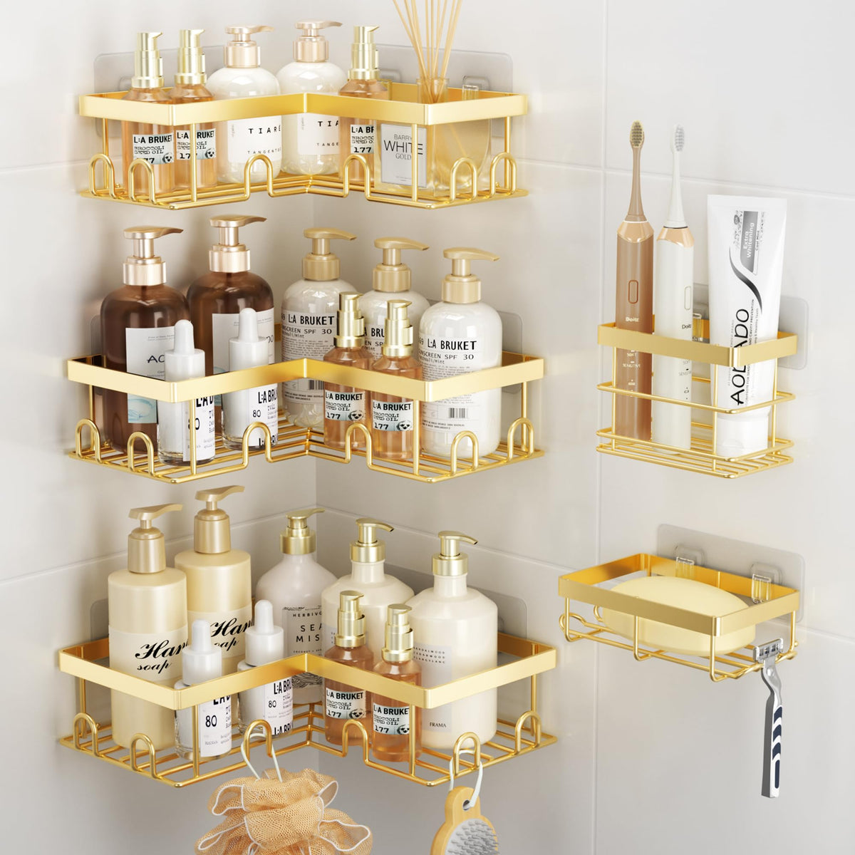 Liuoud front view of gold corner shower caddy showing neat bottle storage benefit