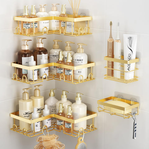 Liuoud front view of gold corner shower caddy showing neat bottle storage benefit