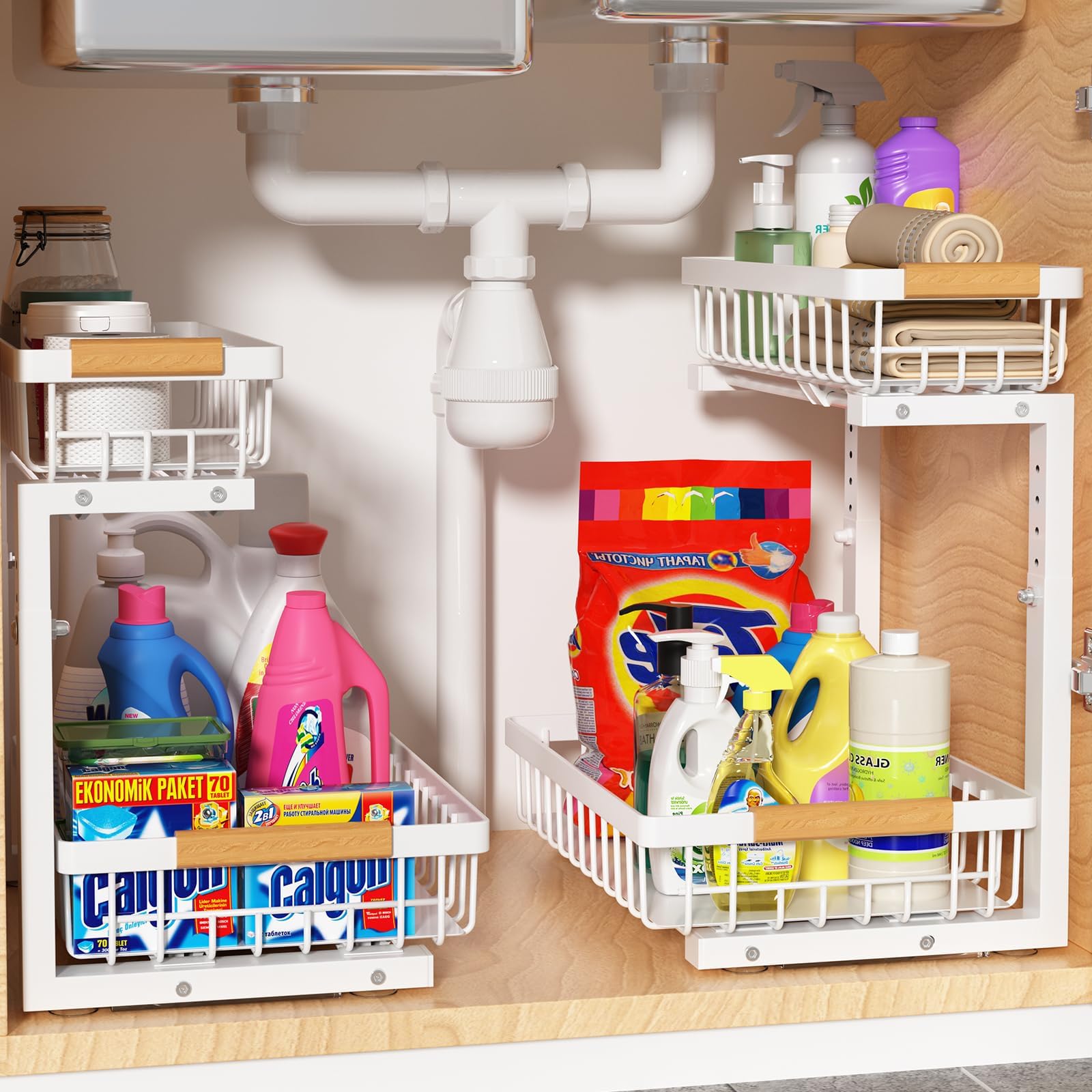 Liuoud front view of assembled two-tier organizer showing clean storage benefit
