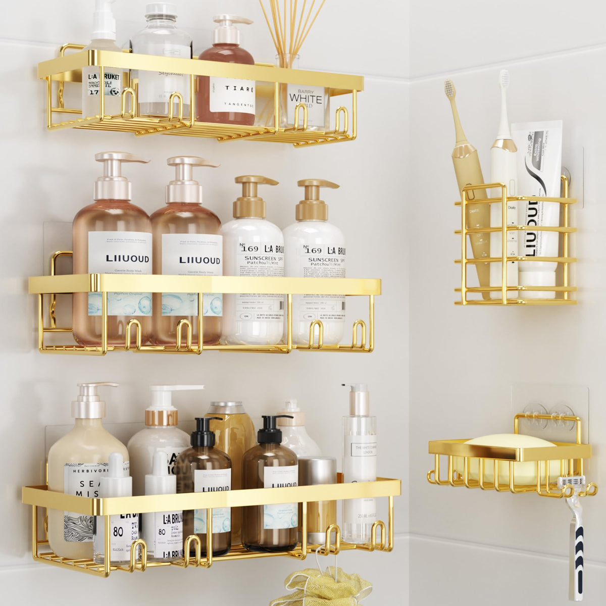 Liuoud front view of gold shower caddy set showing neat storage and elegance