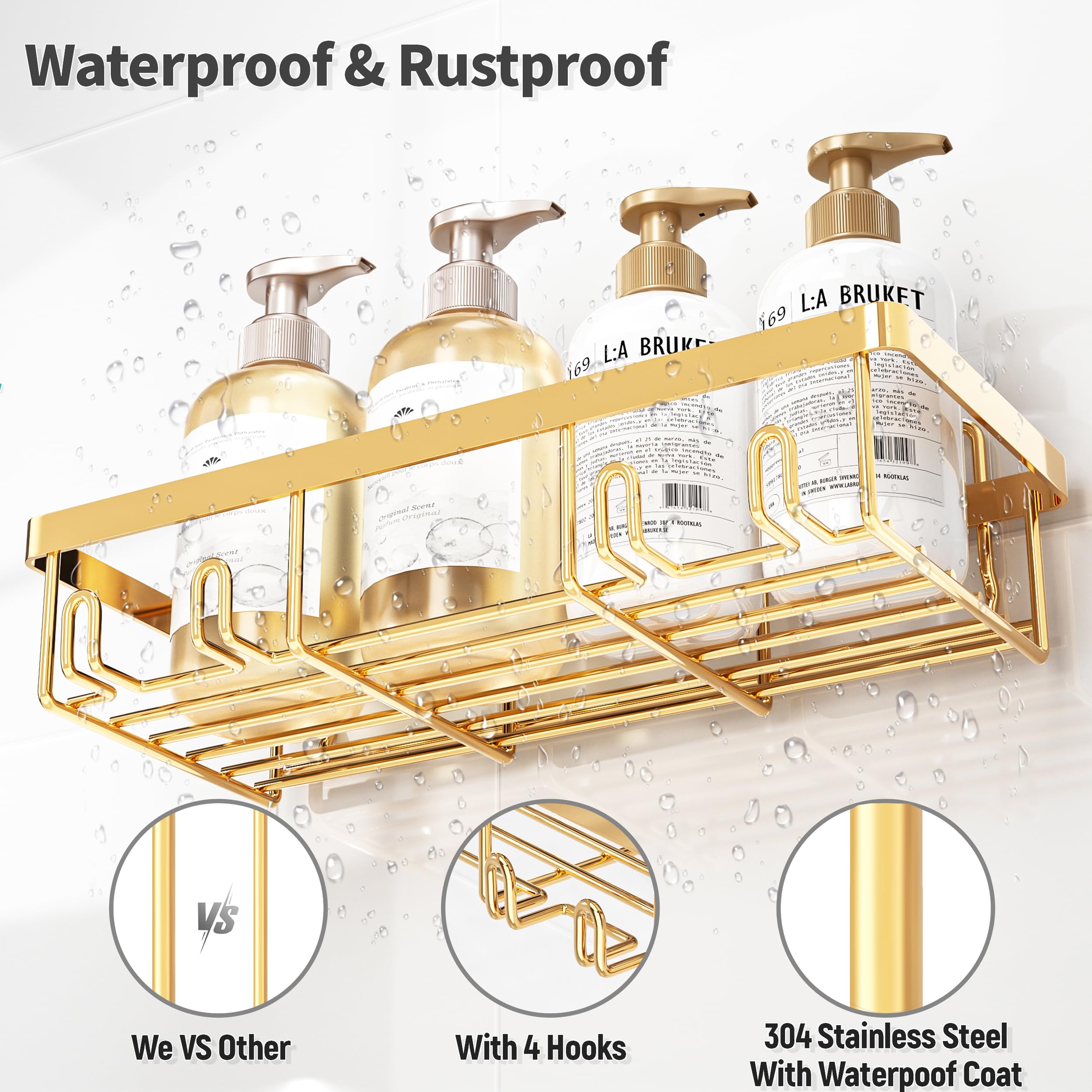 Liuoud mounted shower caddy in use holding bottles for easy access