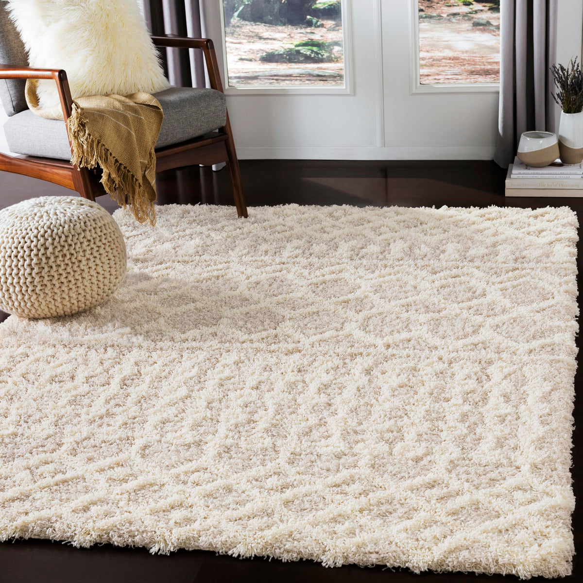 Livabliss front view of beige rug showing Moroccan pattern and soft appeal