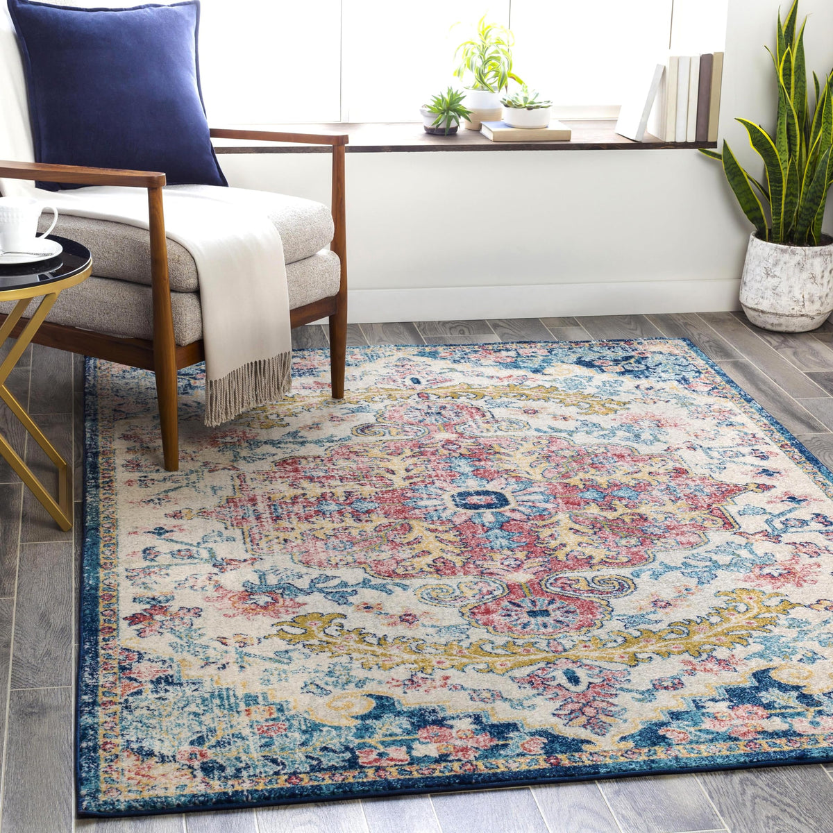 Livabliss rug front overview showing full vintage medallion and color mix for stylish anchoring