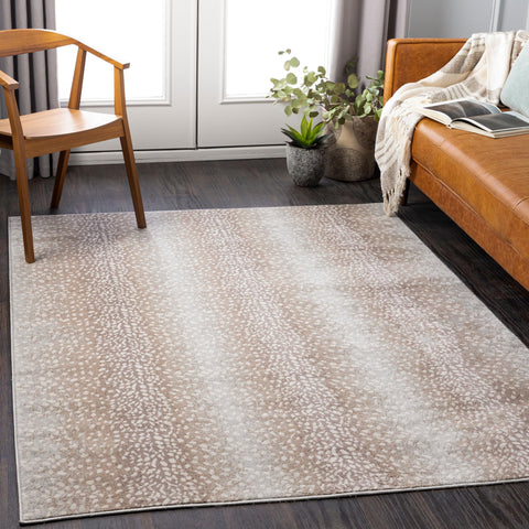 Livabliss front view of rectangular Pablo rug showing antelope print and neutral tones
