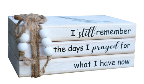 LIVDUCOT front view of white faux book stack showing 'Blessed' for cozy decor