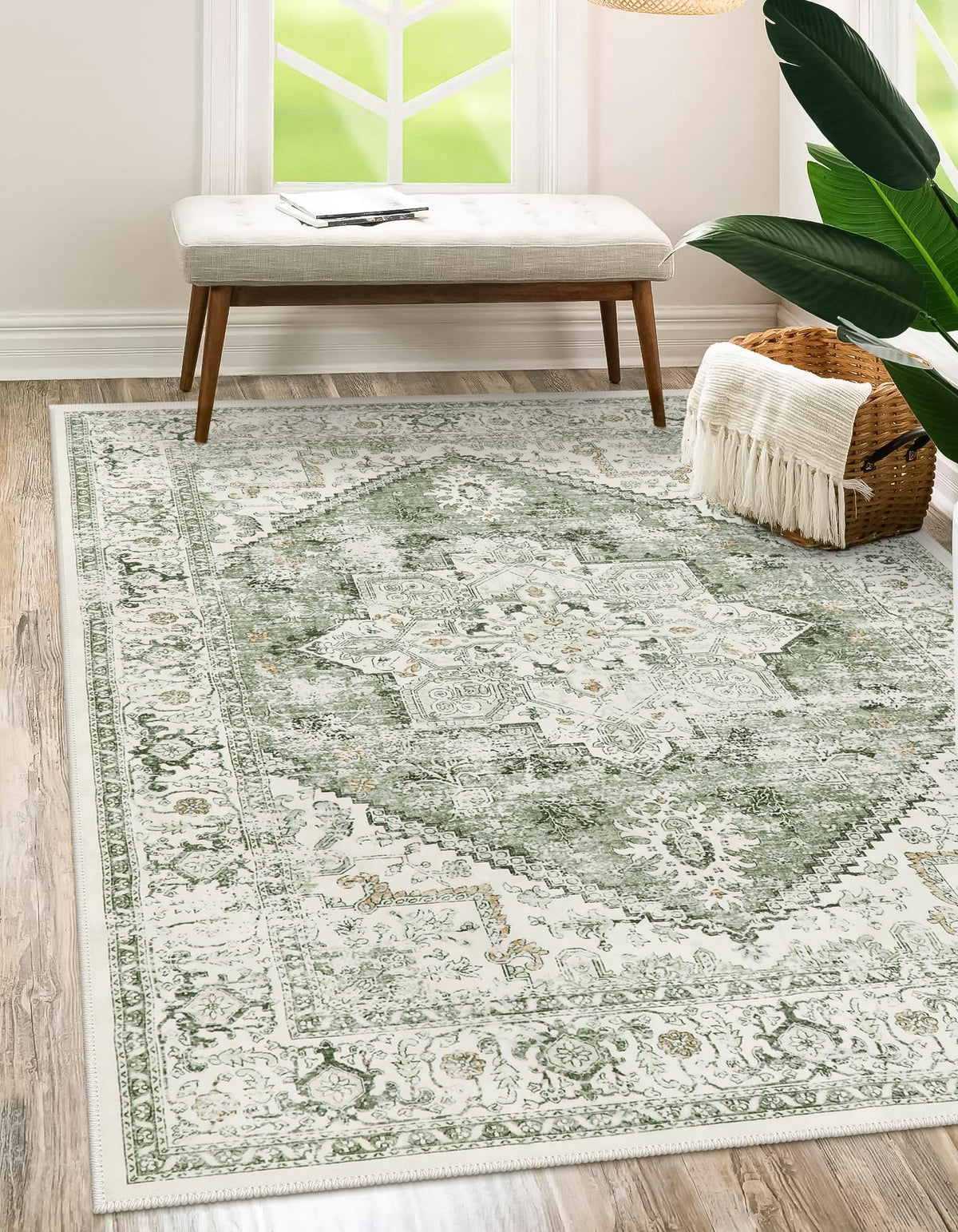 LIVEBOX front view of 5x7 vintage tribal rug highlighting pattern and sage tones, adds calm