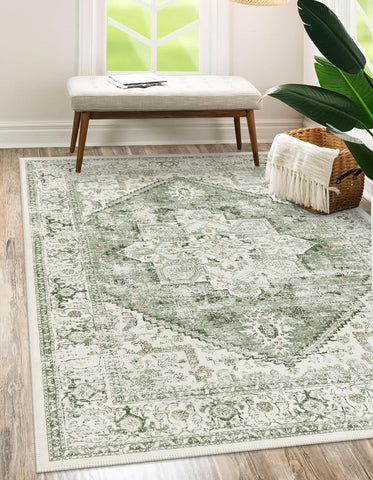 LIVEBOX front view of 5x7 vintage tribal rug highlighting pattern and sage tones, adds calm