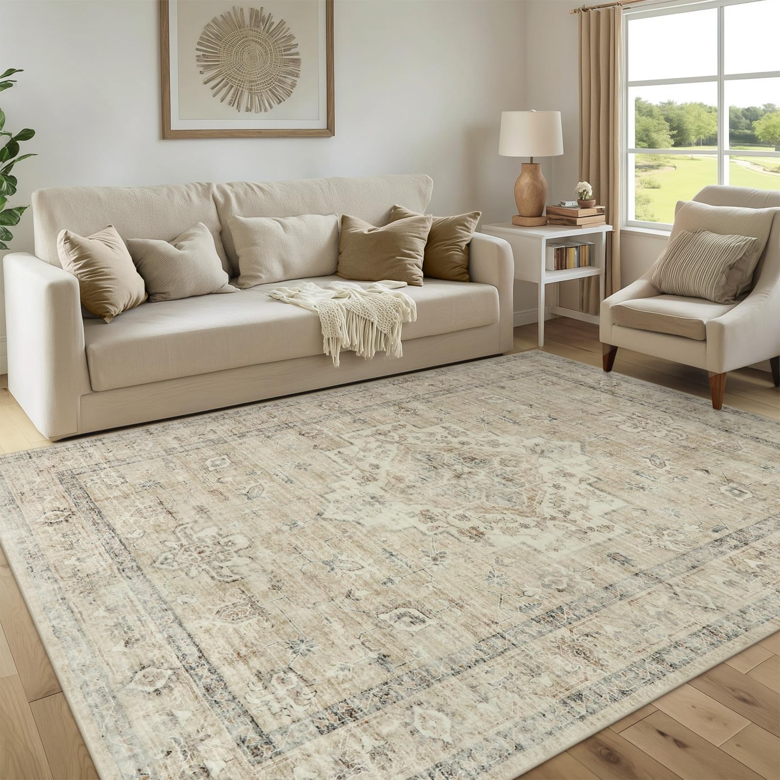 LIVEBOX front view of tan 8x10 rug showing full pattern and neat edges for elegant decor