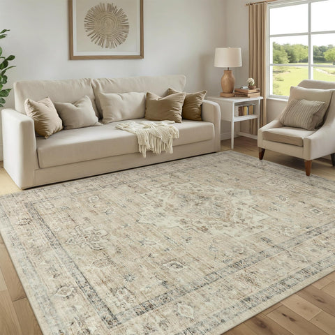 LIVEBOX front view of tan 8x10 rug showing full pattern and neat edges for elegant decor