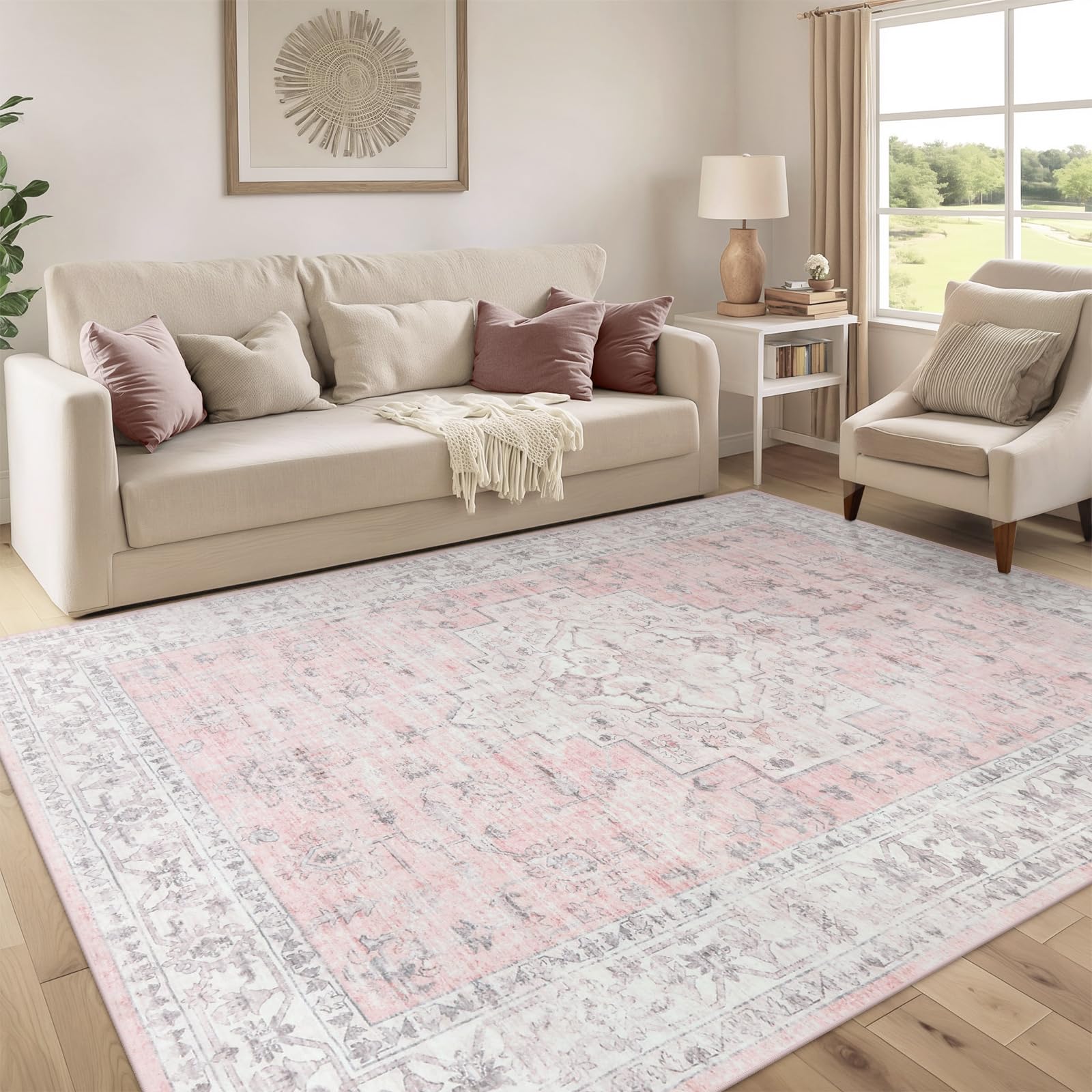 LIVEBOX front view of pink 8x10 rug showing pattern and shape benefit: room focal point