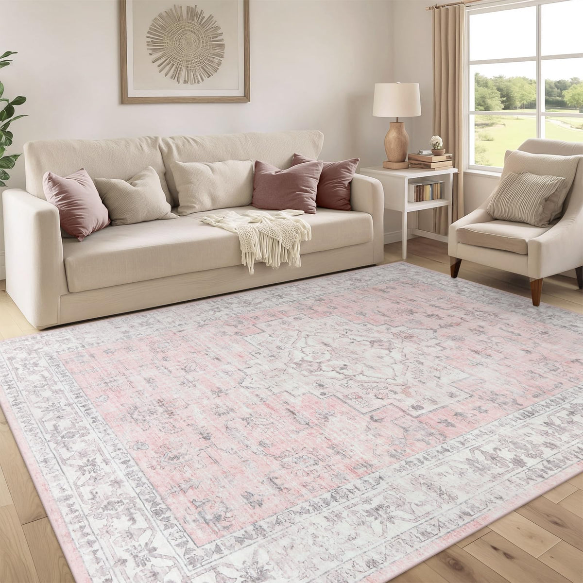 LIVEBOX front view of pink 8x10 rug showing pattern and shape benefit: room focal point