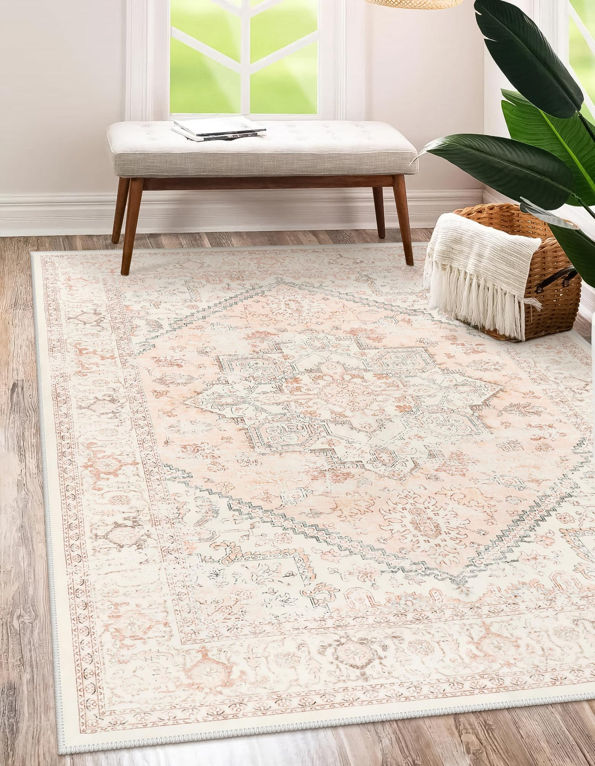 LIVEBOX front view of pink area rug showing vintage print and soft look