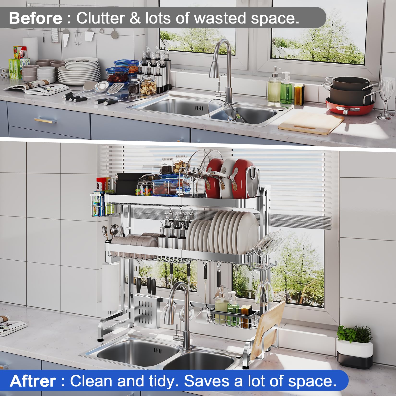 LIVOD rack in use over sink with plates and cups showing space-saving benefit