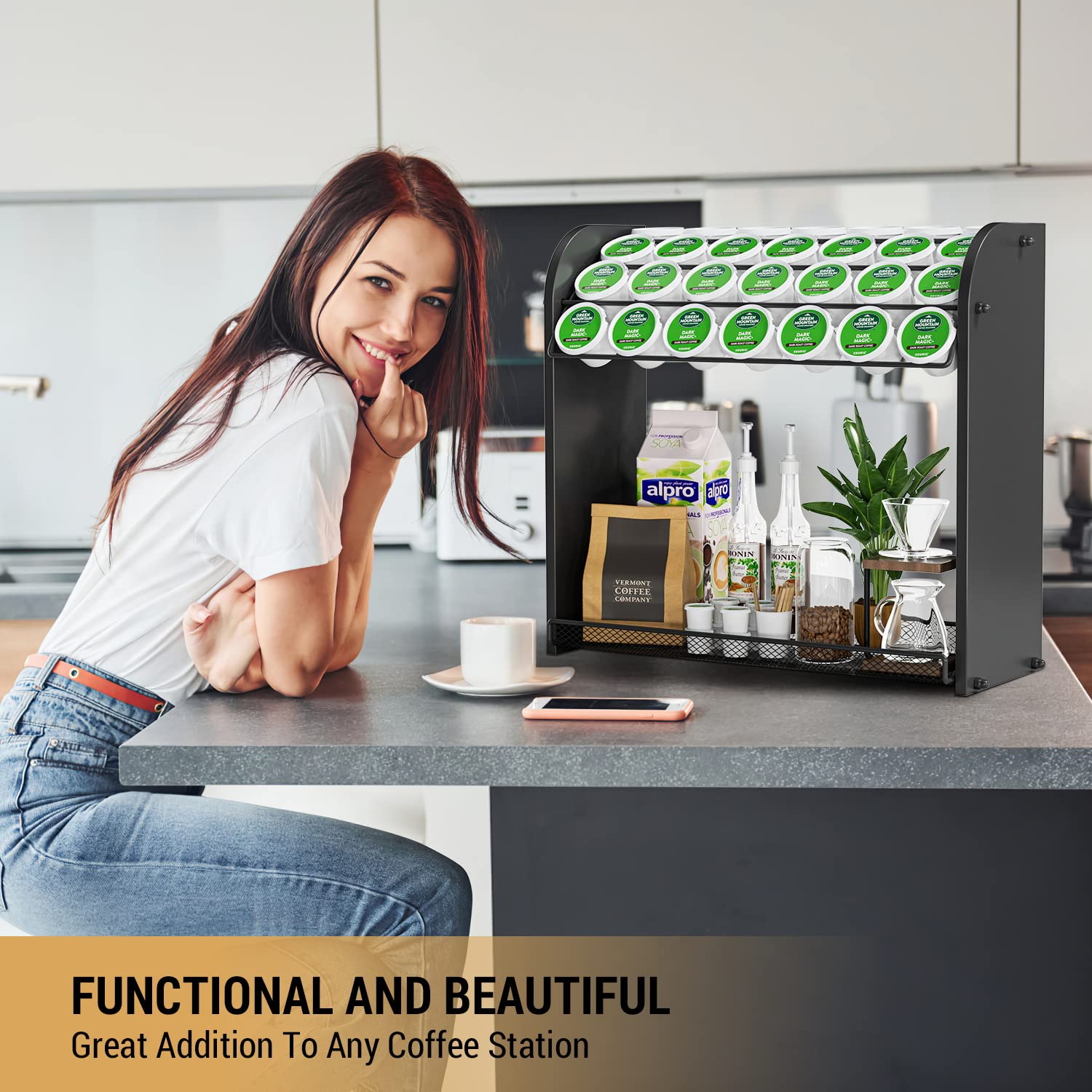 Lixple in kitchen lifestyle setting keeping syrups, cups, and pods handy