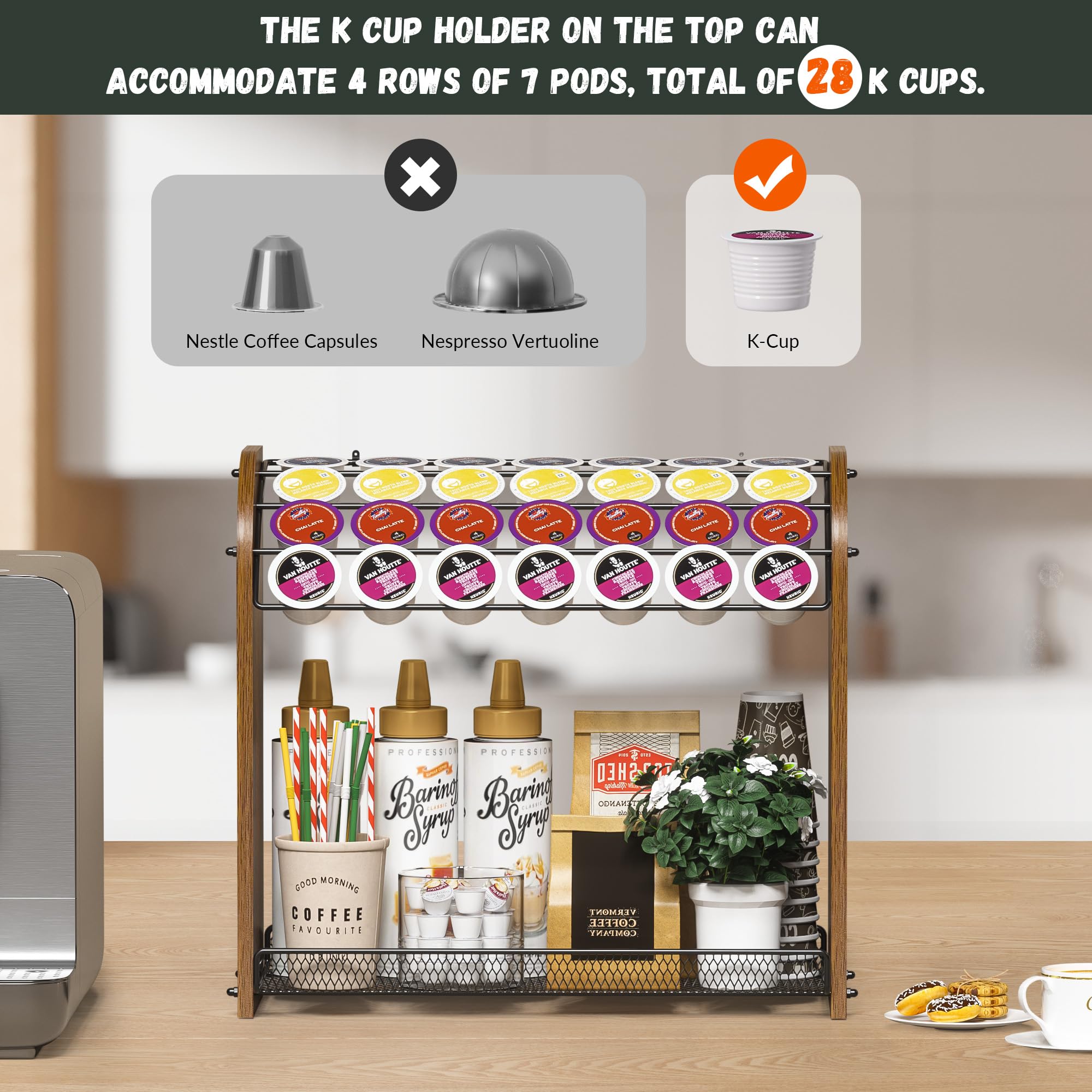 Lixple lower mesh tray holding syrups and stirrers for organized countertop benefit