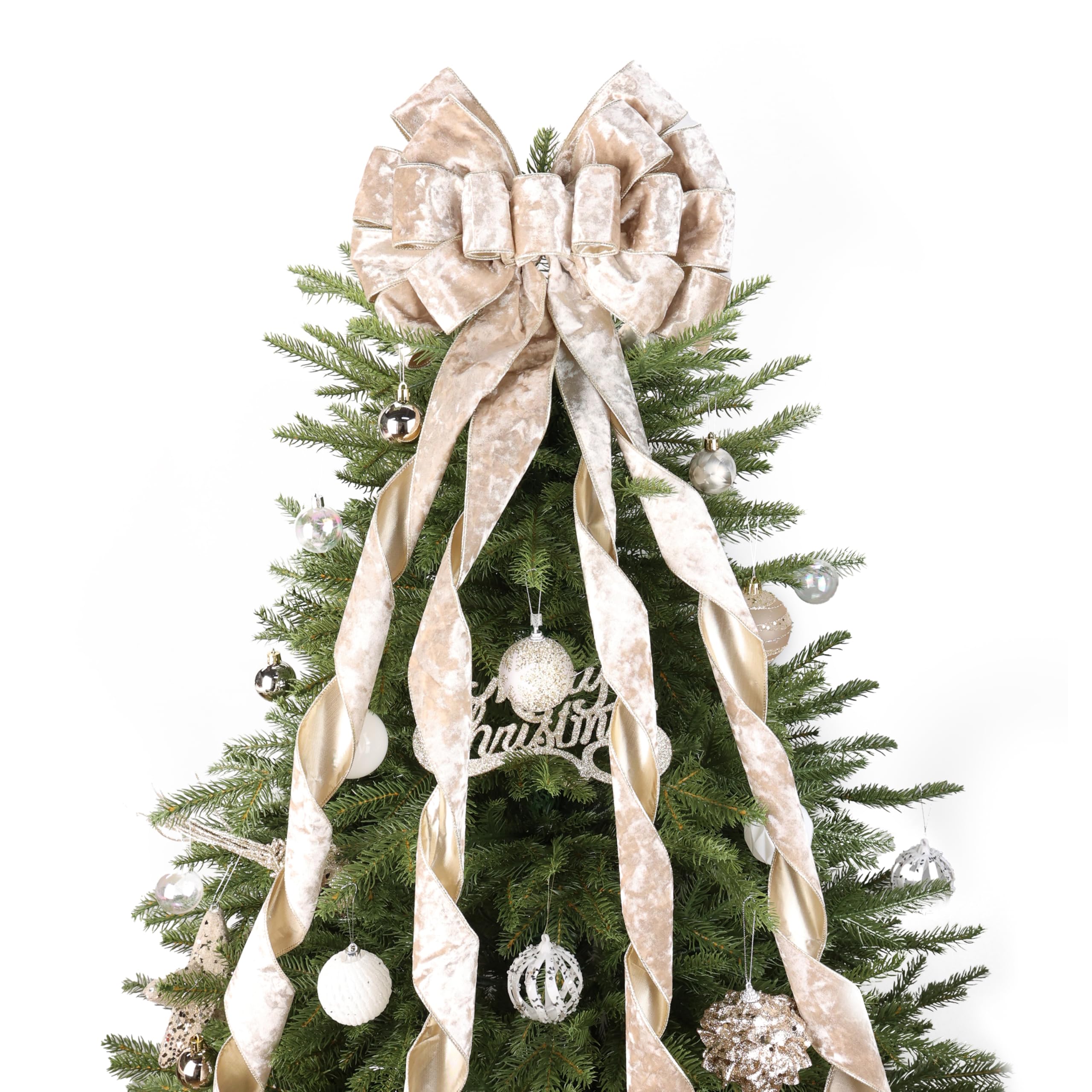 LIZLOVESS champagne velvet bow front view shows luxury finish and instant tree upgrade