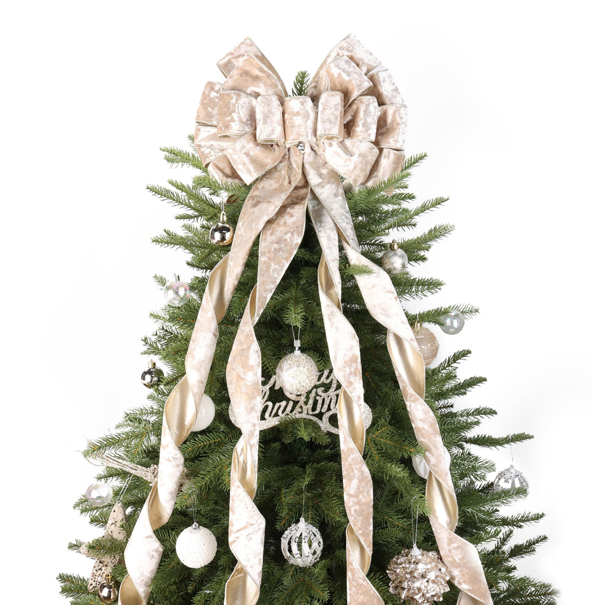 LIZLOVESS champagne velvet bow front view shows luxury finish and instant tree upgrade