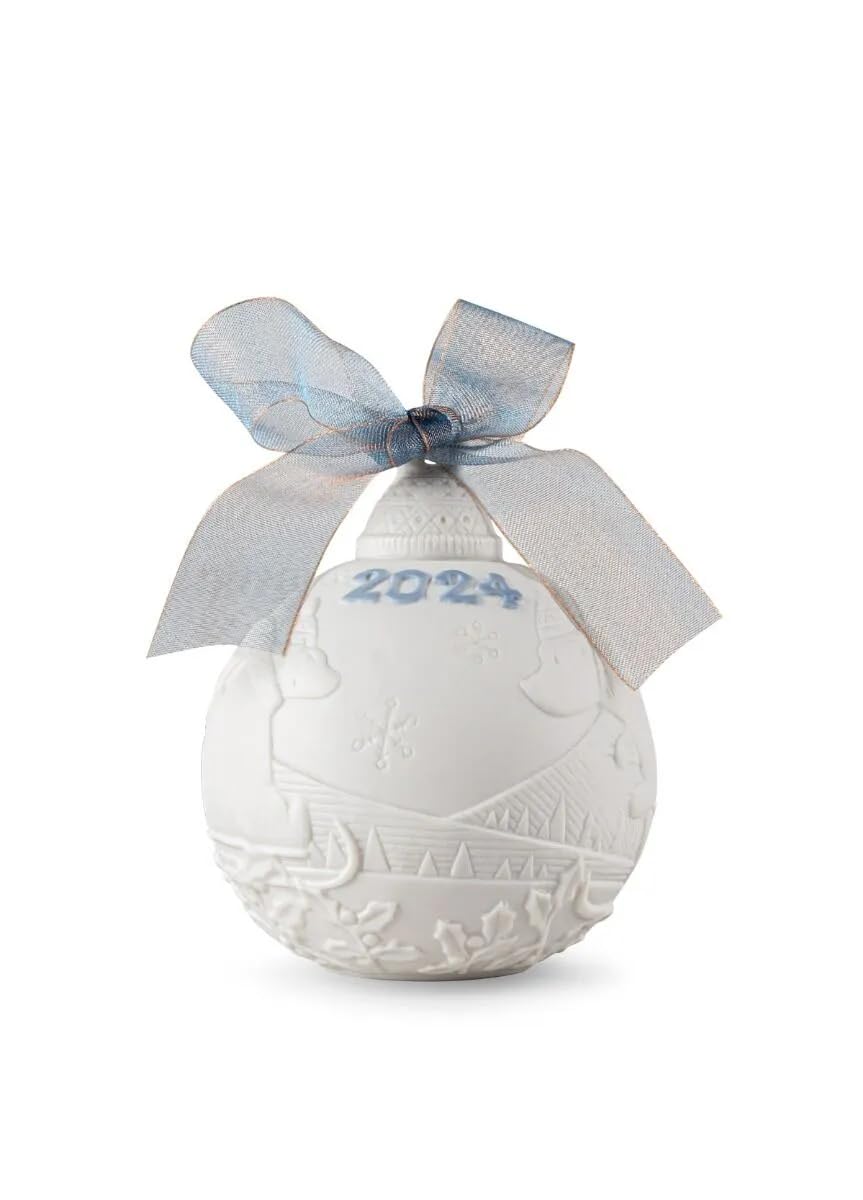 LLADRÓ front view of matte porcelain Christmas ball showing winter scene benefit: elegant holiday accent