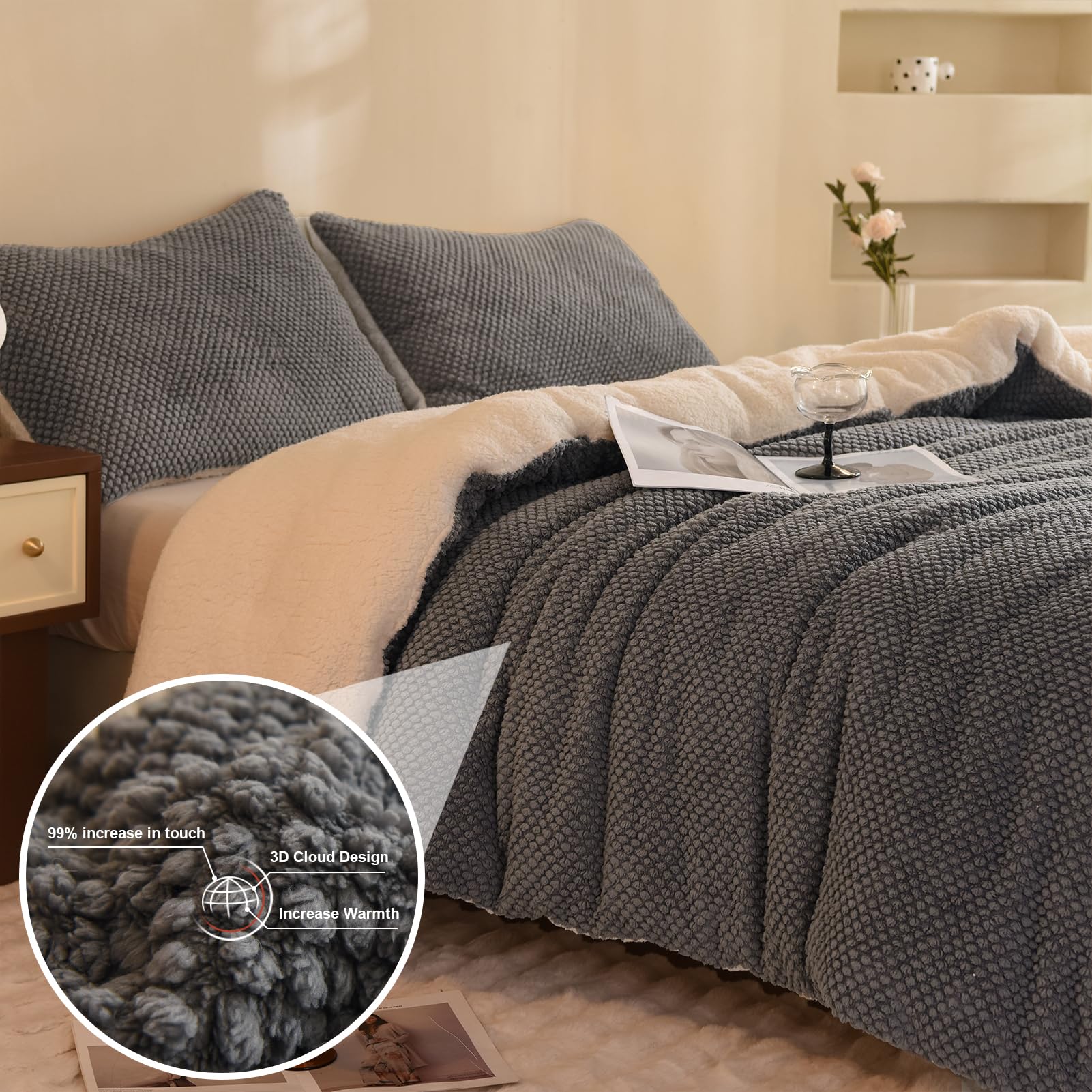 LLanCL Sherpa reverse close-up displaying plush warmth and soft comfort