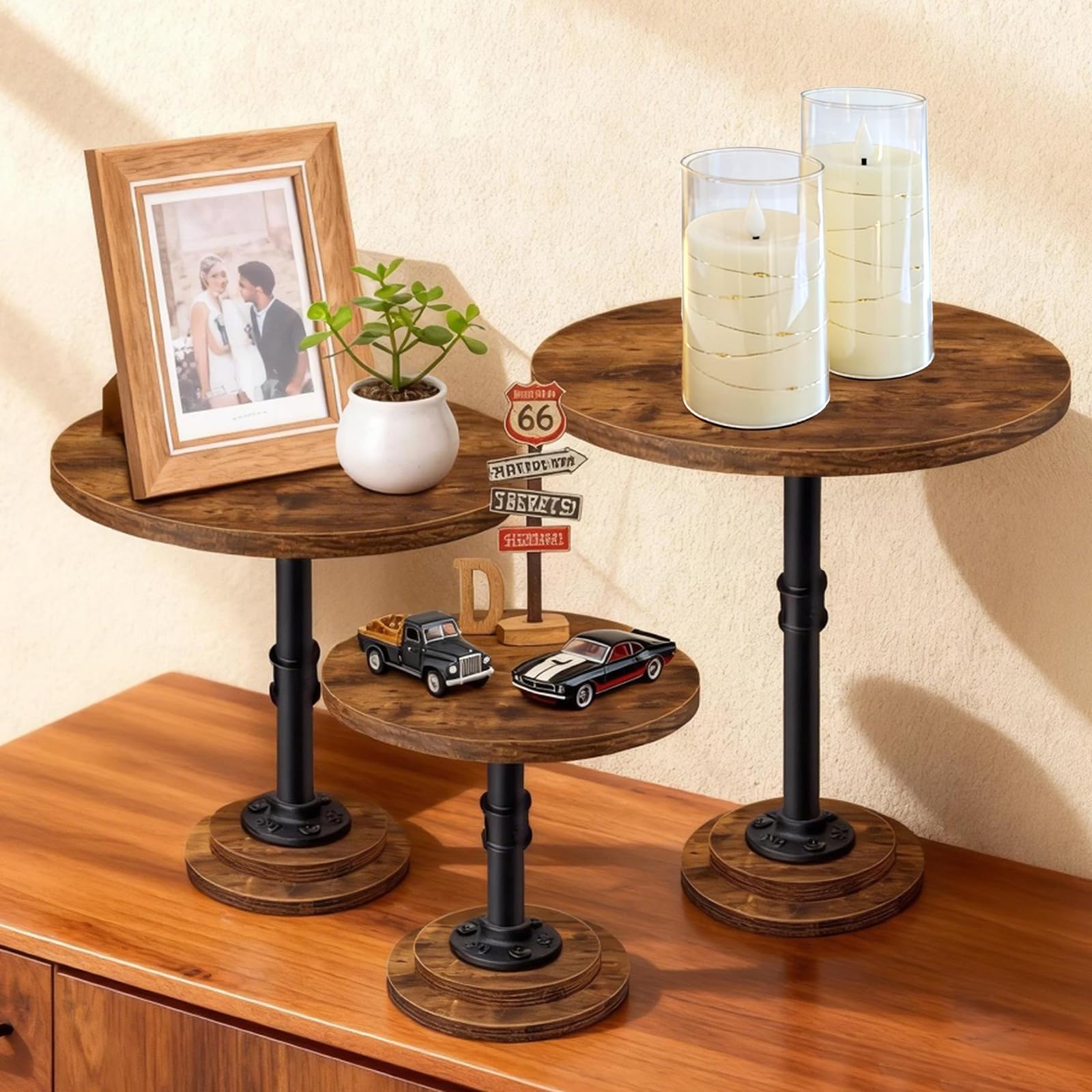 LLAXERGU lifestyle table setting with stands used for cakes and decor creating warm ambience
