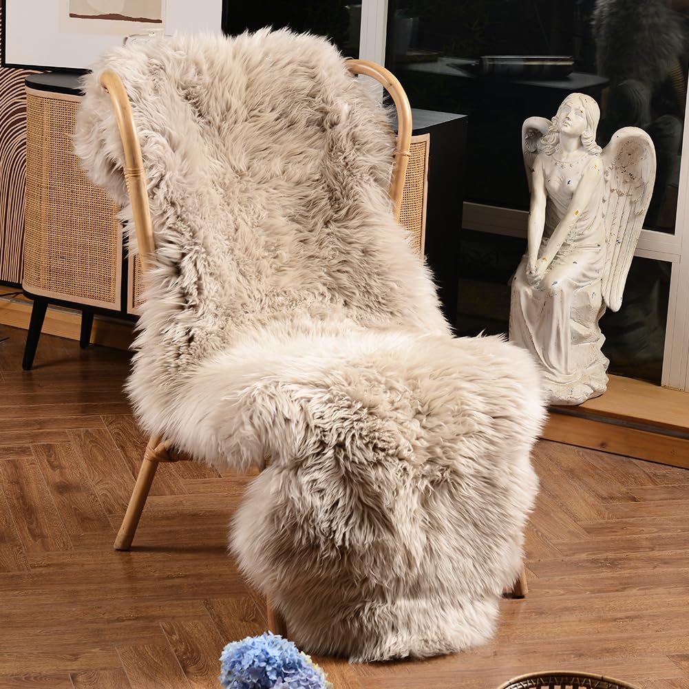 LLB sheepskin rug front view showing plush cream brown pile and cozy benefit