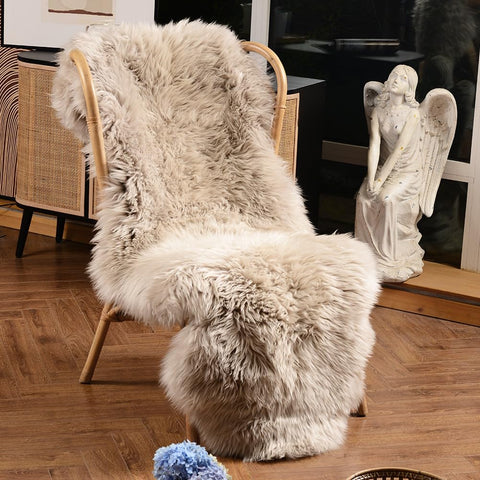 LLB sheepskin rug front view showing plush cream brown pile and cozy benefit