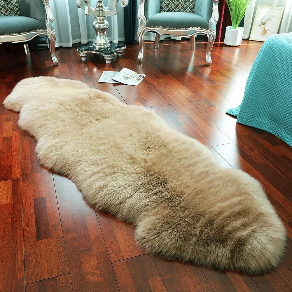 LLB sheepskin rug front view showing plush tan pile and cozy appeal