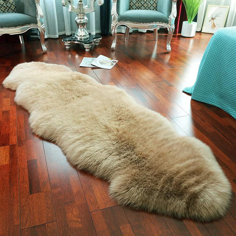 LLB sheepskin rug front view showing plush tan pile and cozy appeal