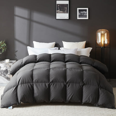 L LOVSOUL comforter front view showing grey cover and neat finish, promotes cozy sleep