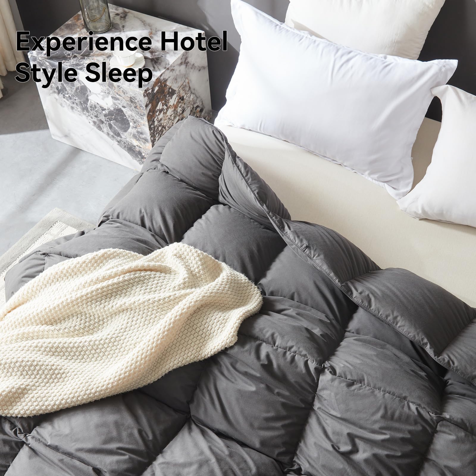 L LOVSOUL comforter next to measuring tape illustrating queen size fit and scale