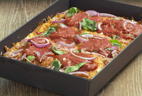 Lloyd Pans with freshly baked Detroit-style pizza showing crisp caramelized crust