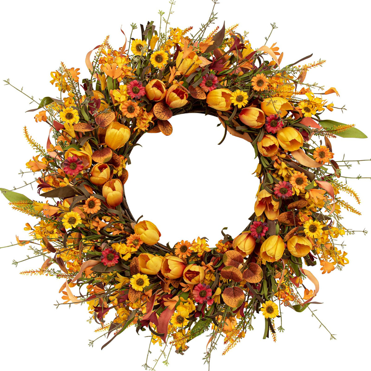 LLZLL front door wreath with orange tulips creating a warm entry focal point
