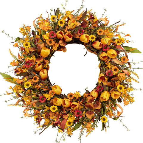LLZLL front door wreath with orange tulips creating a warm entry focal point