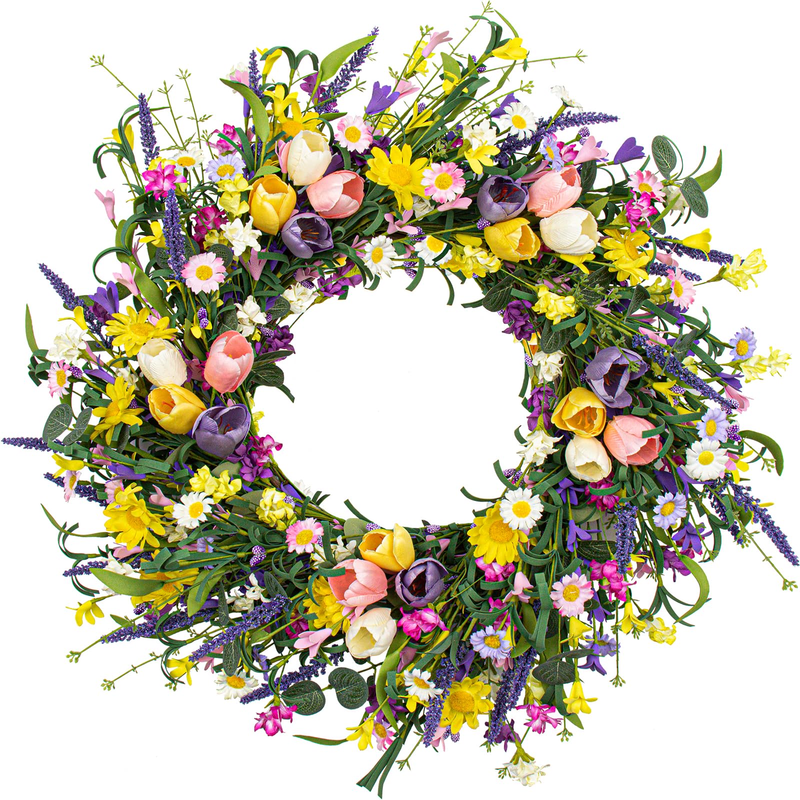 LLZLL wreath front view showing vibrant spring blooms and welcoming curb appeal