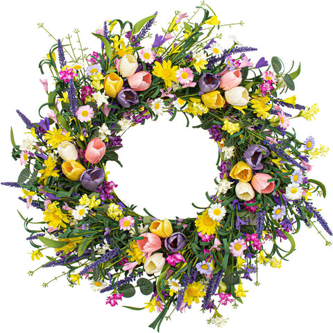 LLZLL wreath front view showing vibrant spring blooms and welcoming curb appeal